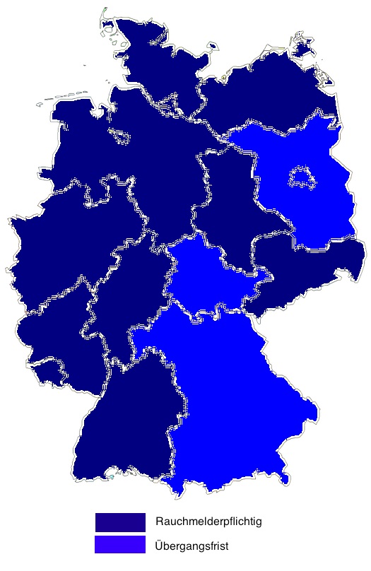 Karte zur Rauchmelderpflicht in Deutschland aufgeschlüsselt nach den Bundesländern: Baden-Württemberg, Bayern, Berlin, Brandenburg, Bremen, Hamburg, Hessen, Mecklenburg – Vorpommern, Niedersachsen, Nordrhein-Westfalen, Rheinland-Pfalz, Saarland, Sachsen, Sachsen-Anhalt, Schleswig-Holstein und Thüringen.